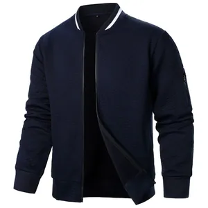 Men's navy blue jacquard zip-up jacket with white striped stand collar details