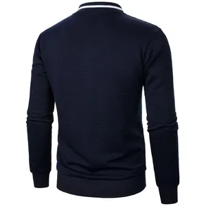 Detailed back view of navy blue men's jacquard sweatshirt with white stripe collar