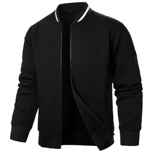 Stylish men's black zip-up stand collar sweatshirt with textured jacquard pattern