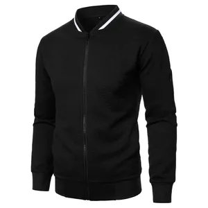 Detailed view of men's black bomber jacket featuring jacquard texture and stand collar
