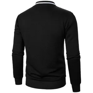 Back view of men's black jacquard zip-up sweatshirt with white striped collar detail