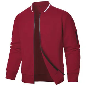 Men's wine red jacquard bomber jacket with zip-up stand collar and sleeve pocket