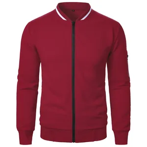 Front view of men's burgundy zip-up jacket with textured jacquard fabric and ribbed trim
