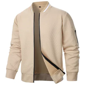 Men's casual beige jacquard jacket featuring a stand collar and front zipper closure.