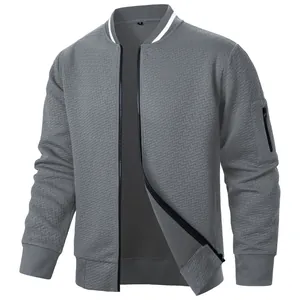 Men's casual gray zip-up jacket with textured jacquard pattern and ribbed cuffs