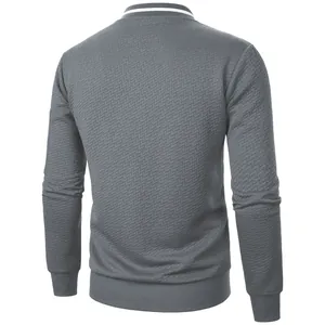 Detailed back view of a men's gray stand-up collar sweatshirt with jacquard texture