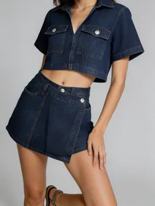 Women Denim Wash Blue Short Sleeve Crop Jacket And Asymmetric Mini Skirt Workwear Style Casual Summer Outfits