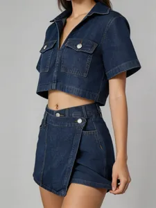 Women's dark denim cargo two-piece set with V-neck cropped top and wrap skort