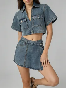 Chic summer utility denim two-piece set with V-neck cropped top and asymmetrical skirt