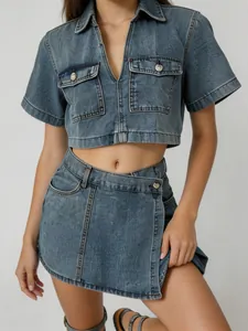 Detailed close-up of women's workwear denim crop top and irregular wrap skort set