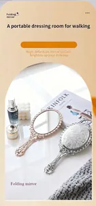 Detail view of vintage handheld makeup mirrors with ornate carvings in silver and rose gold.