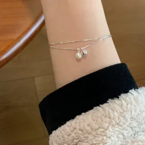 Minimalist S925 sterling silver double-layer bracelet with a natural freshwater pearl