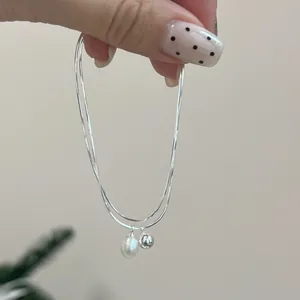 S925 sterling silver double-layer snake chain bracelet with natural freshwater pearl and silver ball