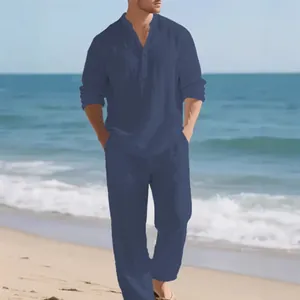 Men's stylish navy blue linen casual two-piece long-sleeved shirt and trousers set