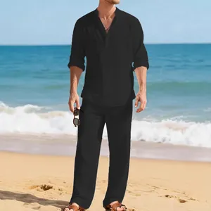 Men's casual black linen two-piece set featuring long-sleeve shirt and matching trousers