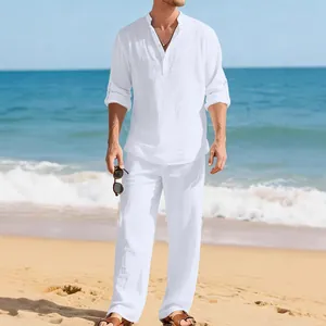 Men's white linen two-piece casual set featuring a long sleeve shirt and loose pants