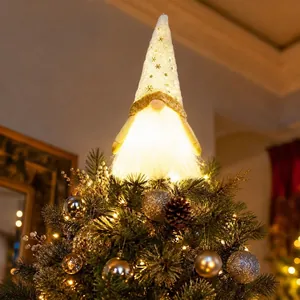 LED Light Up Christmas Tree Topper Faceless Gnome White Plush Ornament With Gold Snowflake For Christmas Home Party Decoration