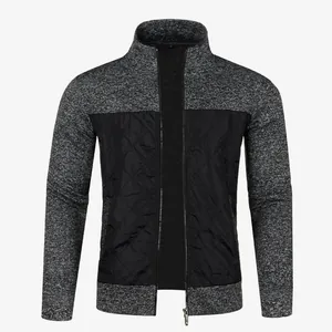 Men's knitted zipper cardigan jacket with quilted front panel in grey and black.