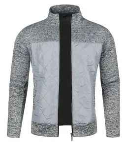Men's gray zip-up knit cardigan with quilted front panel design for autumn and winter