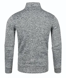 Detailed back view of gray heathered knit cardigan sweater for men, autumn winter style.