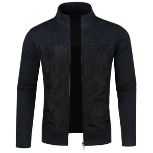 Front view detail of a men's zip-up knit cardigan with quilted paneling design.