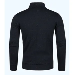 Detail back view of a men's slim fit dark navy knitted zip-up cardigan sweater for autumn winter