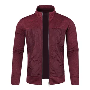 Men's burgundy knit zip-up cardigan jacket with quilted front panel and stand collar