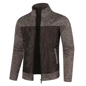 Detailed macro view of men's brown quilted knit cardigan featuring a full-zip front closure