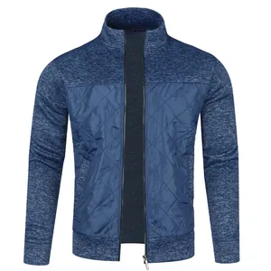 Men's blue zip-up knit cardigan jacket with quilted front panel for autumn winter