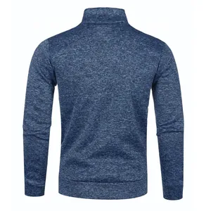 Detailed back view of men's blue melange textured knitted zip-up sweater jacket