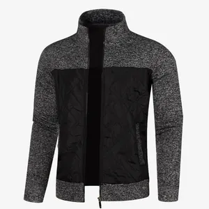Men's winter knitted cardigan jacket with quilted chest panel in gray and black