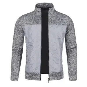 Men's stylish grey knitted cardigan jacket with quilted front panel and zipper