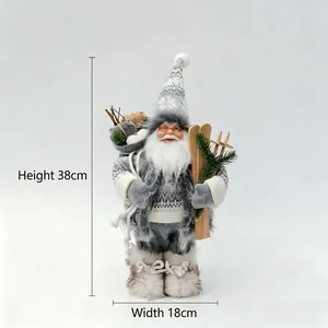 Standing Santa Claus doll in grey sweater holding wooden skis, 38cm tall figurine