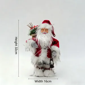 Standing 12-inch Santa Claus plush doll featuring red velvet suit and lantern accessory