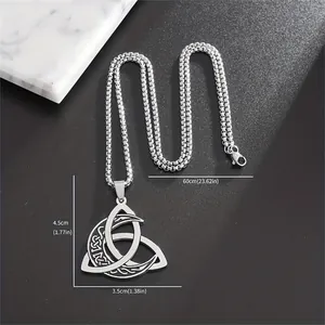 Detailed view of silver Viking Triquetra moon necklace with dimensions in cm and inches