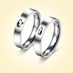 Bagues Anneaux Gravées Pingouin Coeur Acier Inoxydable Poli Bijoux Minimalistes Pour Couples Hommes