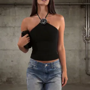 Débardeur Dos Nu Femme Décoration Fleur 3D Strass Coupe Ajustée Sans Manches Polyester Élasthanne Sexy Streetwear