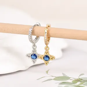 Elegant S925 silver hoop earrings with blue zircon cross pendants in vintage style