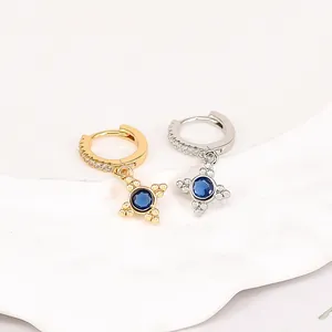 Vintage S925 silver needle hoop earrings with exquisite blue zircon charms in gold and silver