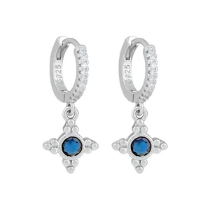 S925 sterling silver hoop earrings with blue zircon cross dangles for women