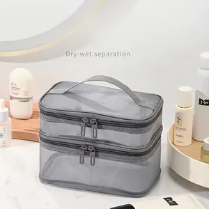 Large capacity double-layer grey mesh cosmetic travel bag with partitioned storage and top handle