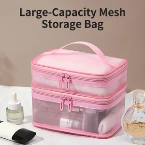 Large capacity pink mesh makeup bag with double layer and handle for travel storage