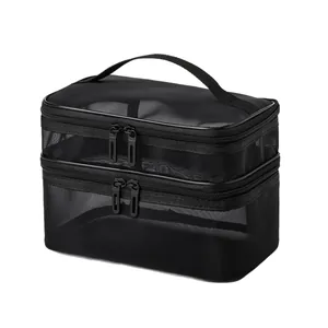 Large capacity black double-layer mesh makeup bag with handle for travel toiletries
