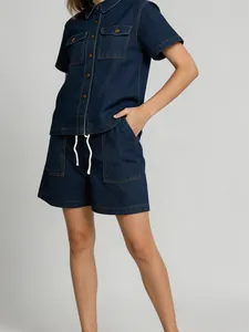 Women's retro casual denim set with loose short-sleeve shirt and drawstring shorts