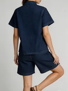 Women's loose vintage casual dark blue denim set with short sleeve lapel top and shorts