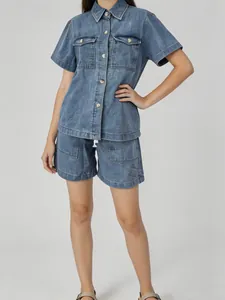 Vintage loose blue denim set for women including lapel shirt and matching shorts