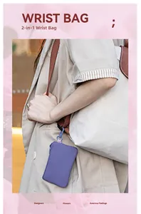 Portable 2-in-1 purple wrist bag and card holder attached to a larger tote bag