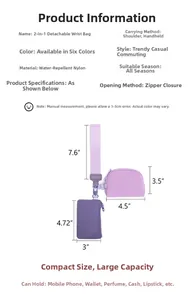Detailed dimension breakdown of the 2-in-1 detachable purple nylon wristlet bag