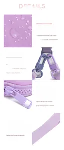 Close-up details of purple wristlet bag featuring water-repellent fabric and metal hardware.