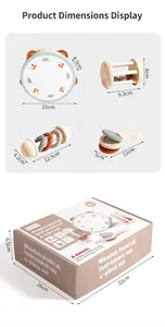 Detailed dimensions for the 4-piece wooden musical instrument toy set for babies.